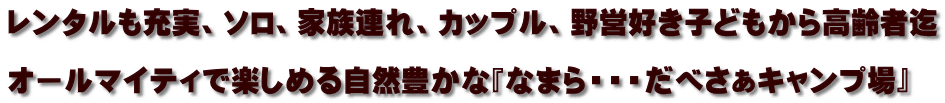 レンタルも充実、ソロ、家族連れ、カップル、野営好き子どもから高齢者迄  オールマイティで楽しめる自然豊かな『なまら・・・だべさぁキャンプ場』