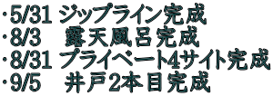 ・5/31 ジップライン完成 ・8/3　露天風呂完成 ・8/31 プライベート4サイト完成 ・9/5　井戸2本目完成